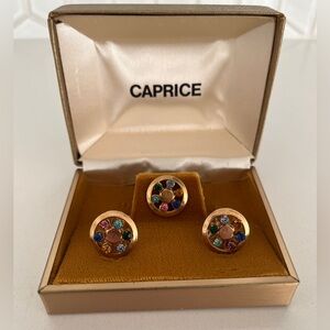 VINTAGE Cufflinks & Tie Tack Gold Tone Fancy Multi-Colour Rhinestones Dandy